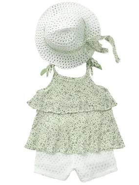 3-Piece Outfits Little Big Girl Floral Tie Top White Shorts  Hat