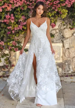 A-Line Spaghetti Straps Lace Sleek Satin High Slit Wedding Dress with Train