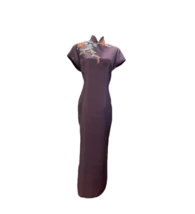 Dark Purple Thai Silk Cheongsam with Appliques
