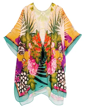 JC071206 Teal-Purple Tropical Floral & Leaf Kimono