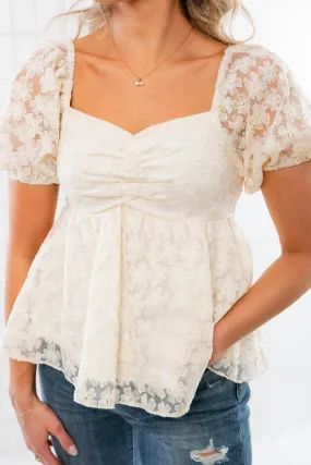 Lovely Lace Cream Floral Textured Puff Sleeve Top