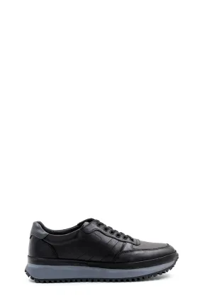 Men's Black Leather Lace-Up Sneakers with Contrasting Sole - Wessi
