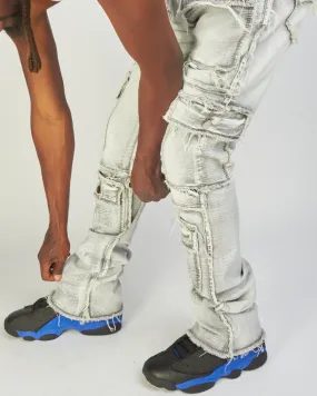politics Stacked Frayed Cargos Jeans-Grey Wash