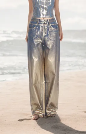 Street Hipster Bronzing Design High Waist Straight Jeans