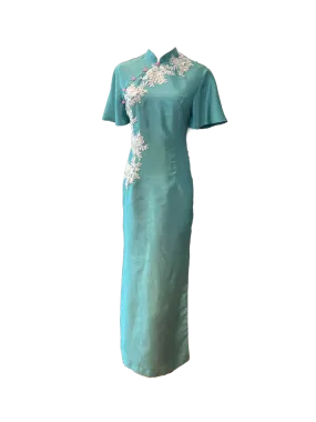 Thai Silk Cheongsam With White Floral Applique