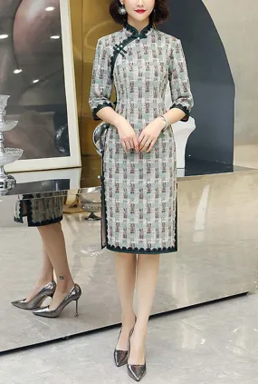 Thicken Long Sleeves Printed Midi Cheongsam Dress