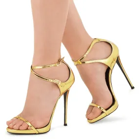 Trend4us Women's Gold Patent Leather Ankle Strap Stilettos Sandals