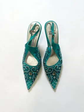Vintage Turquoise Blue Beaded Slingback Mules (7.5)