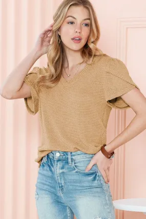 Waffle Tulip Petal Sleeve Waffle Knit Top Shirt